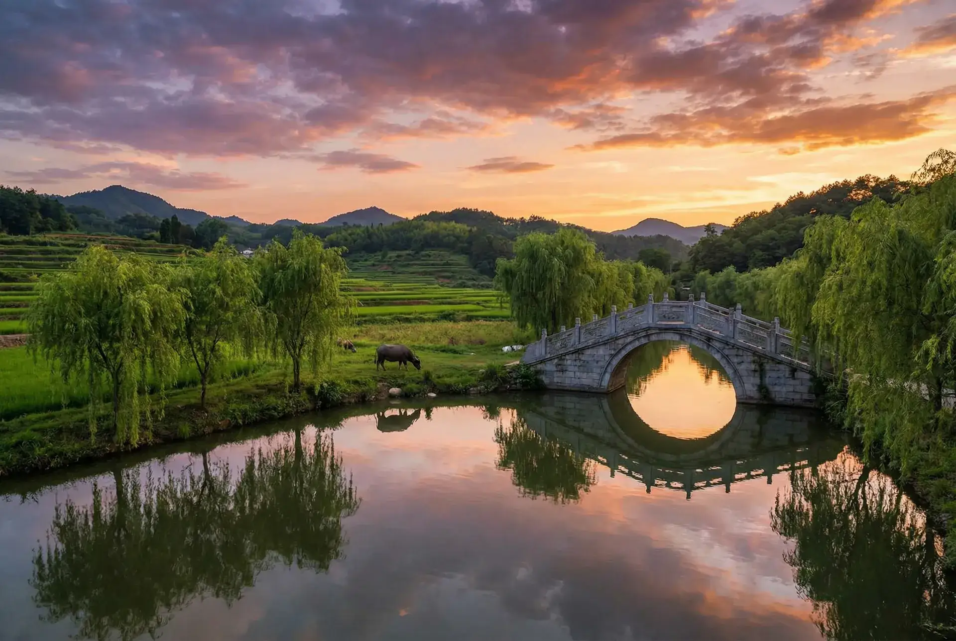 夕阳下的石拱桥与垂柳，水牛在河边吃草 - 色人格影院第四色先锋 乡村美景